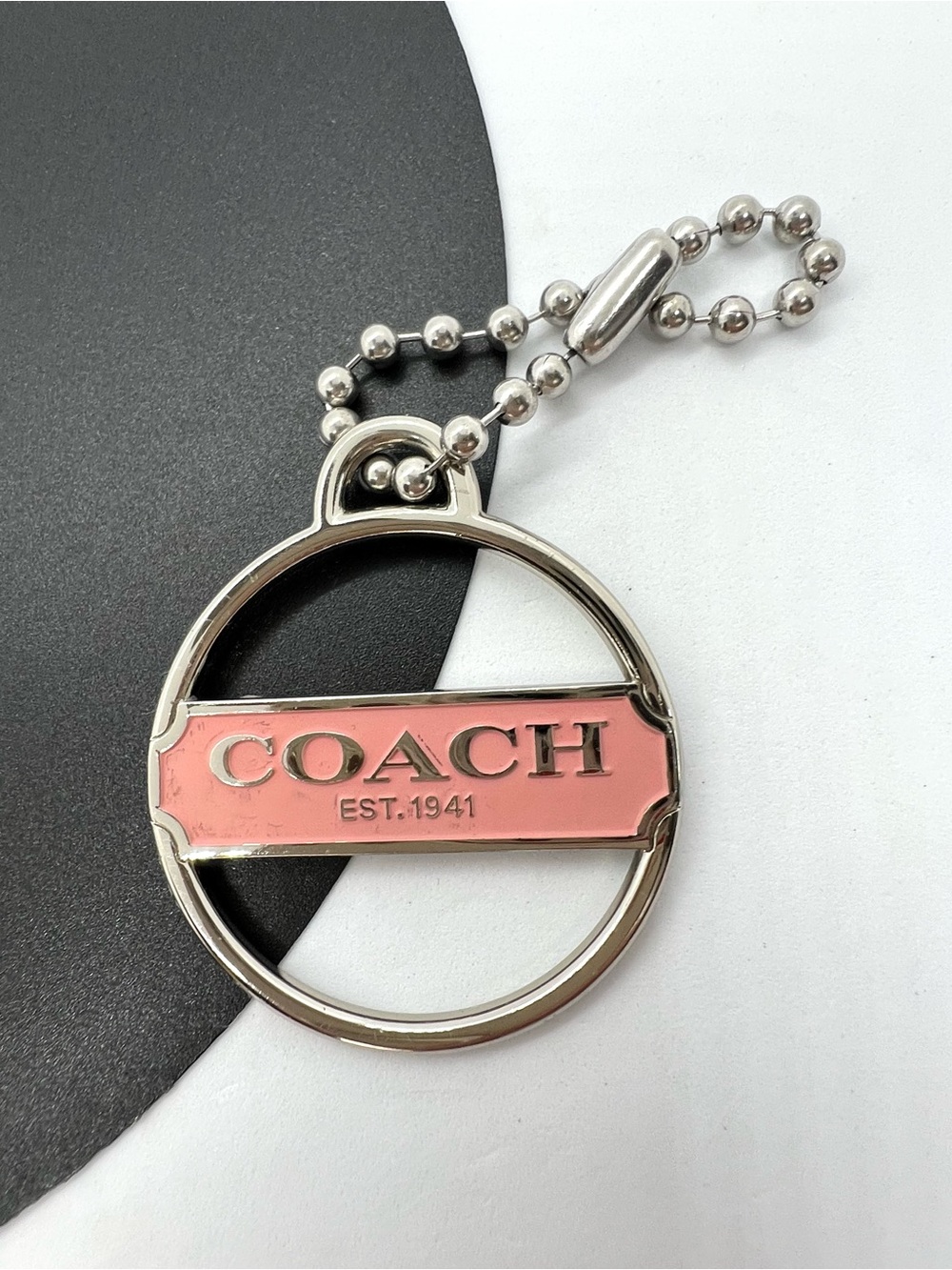 Vintage Coach EST. 1941 Pink Enamel Round Keychain Bag Charm Silver Tone
